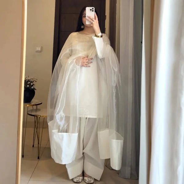 SILK WHITE LUXURY 3PC WITH FARSHI SHALWAR